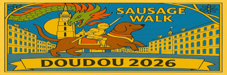 Bannière Sausage Walk DOUDOU 2026 : un teckel héroïque, couleurs bleu et jaune, ambiance festive à Mons.